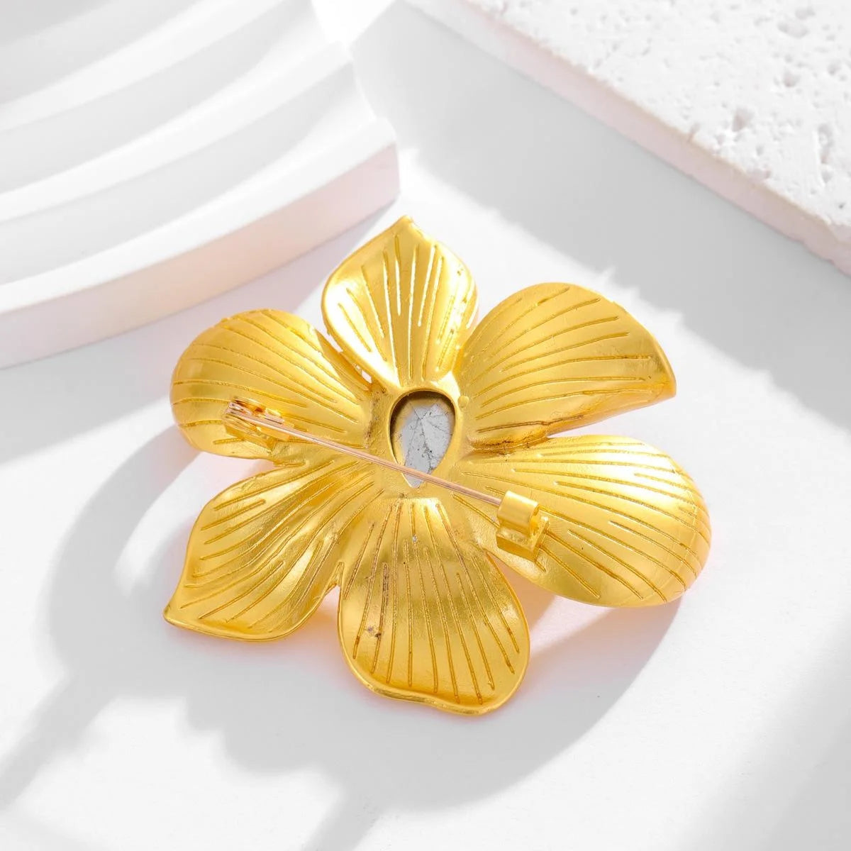 Luxury Gold Flower Brooch With Red Teardrop Glass Crystal Center, Elegant Floral Lapel Pin Corsage Gift