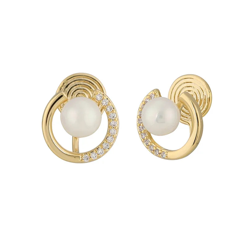 Elegant Geometric Pearl Hoop Stud & Clip On No Piercing Gold Alloy Rhinestone Korean Commuter Earrings