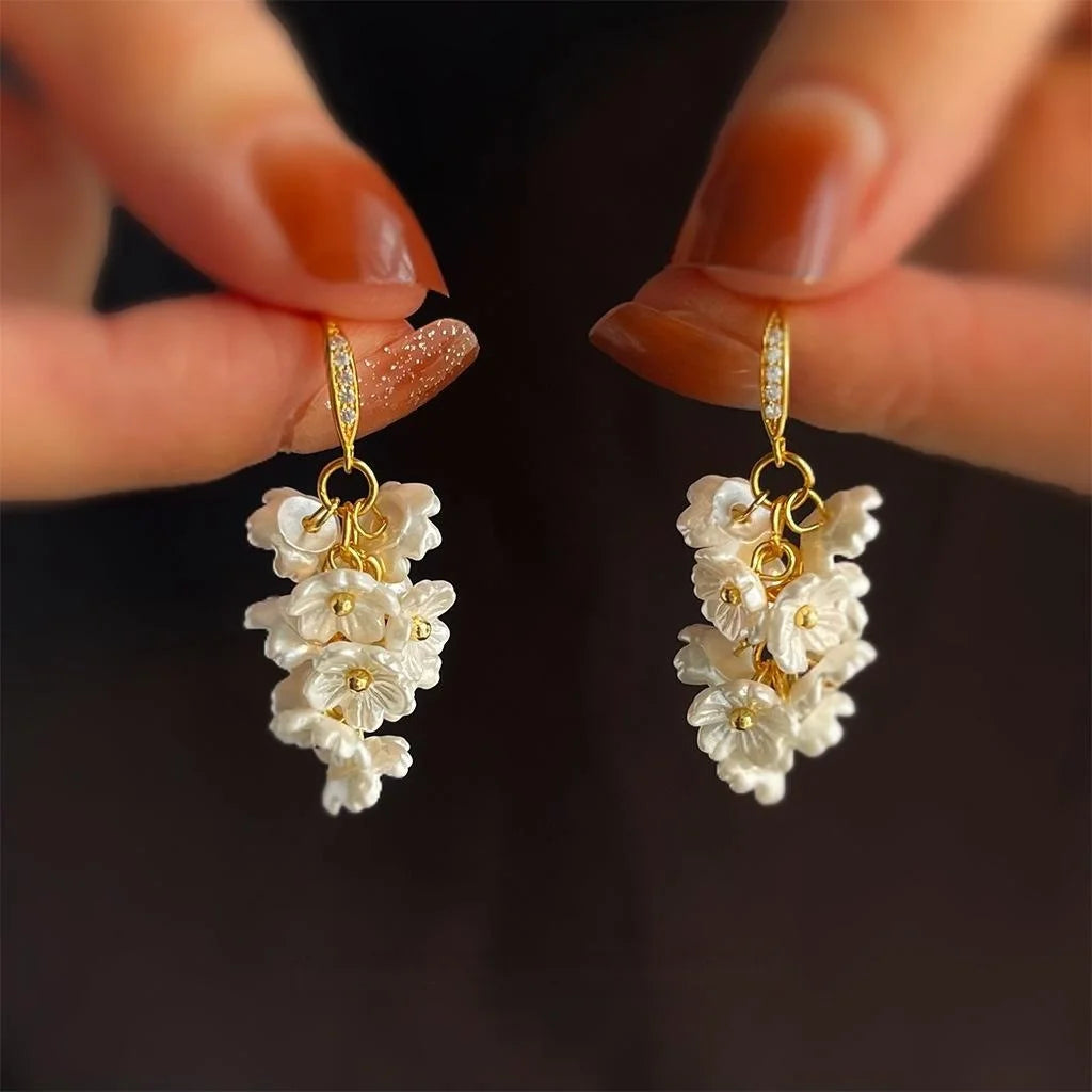14K Gold Plated Copper Floral Tassel Drop Earrings With Micro Pave Zircon Sweet Handmade Jewelry