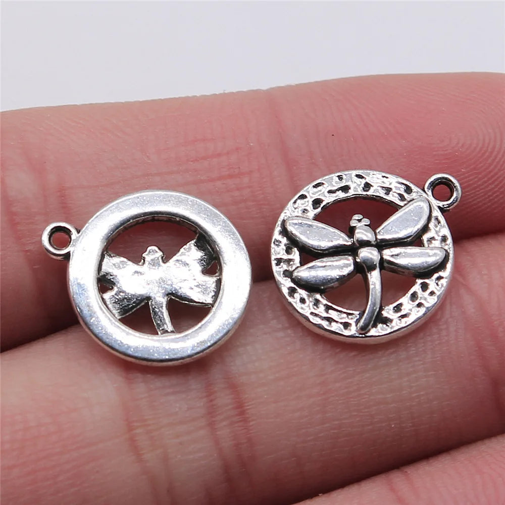 14x17mm 1.3g Antique Silver Zinc Alloy Round Dragonfly Tag Charm Pendant for DIY Jewelry Making