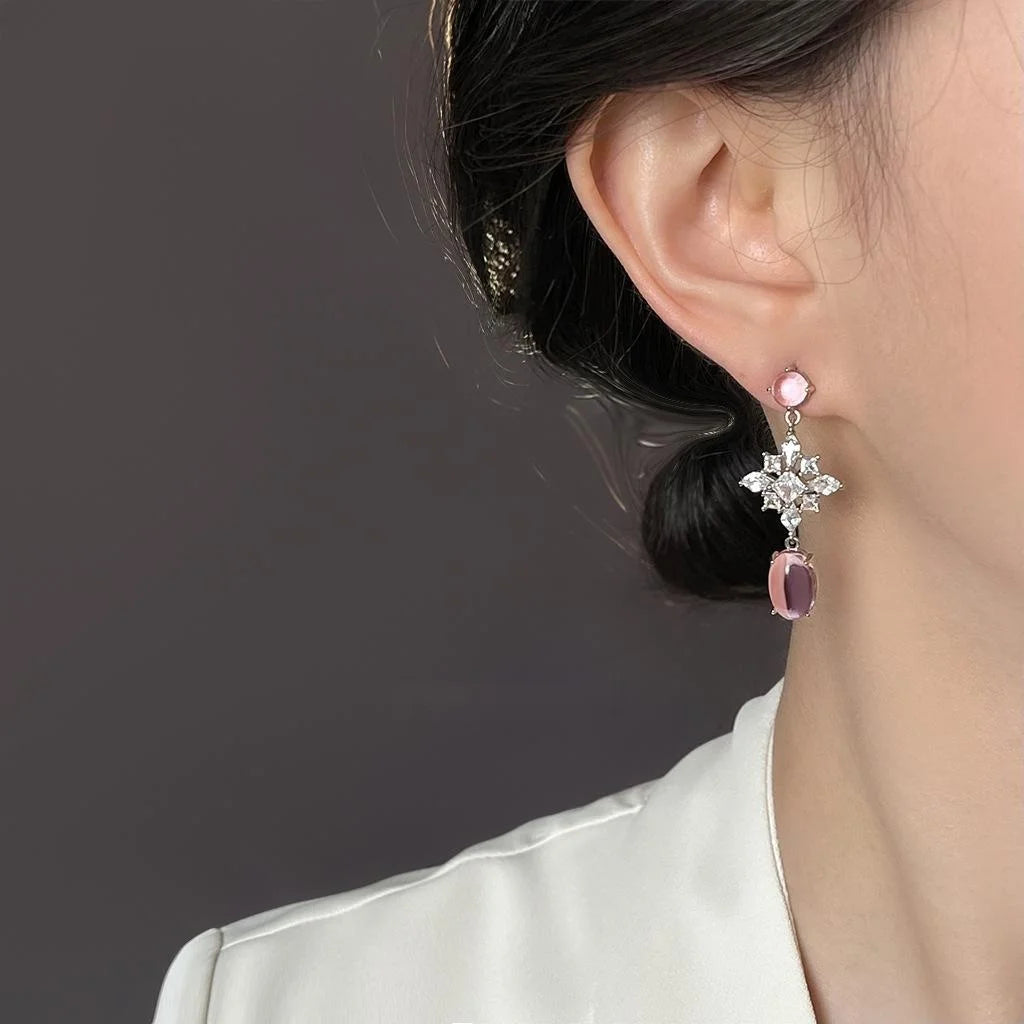 Chic Pink Zircon Flower Snowflake Long Tassel Drop Earrings With Copper