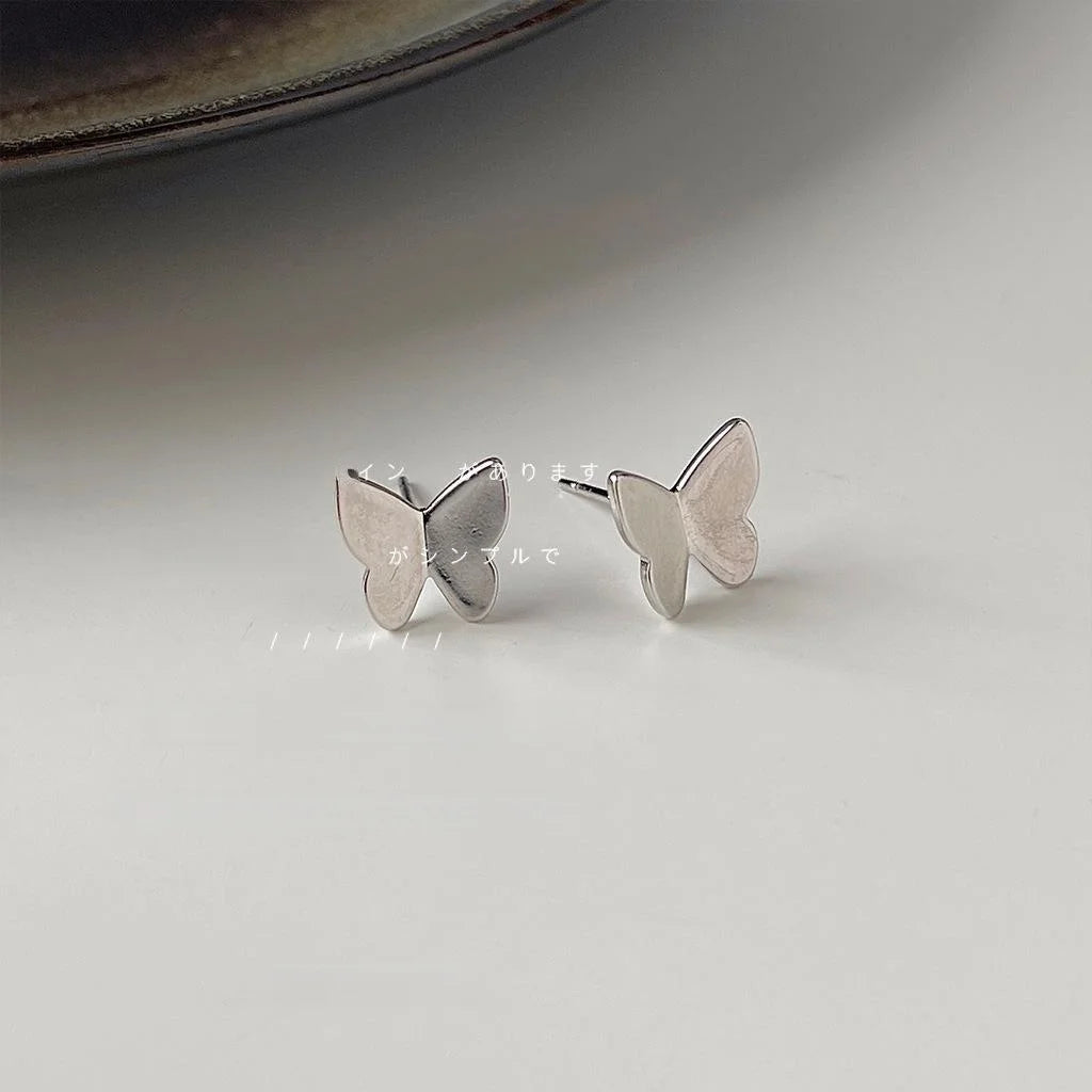 Minimalist Silver Tone Copper Butterfly Stud Earrings Smooth Metal Commuter Jewelry