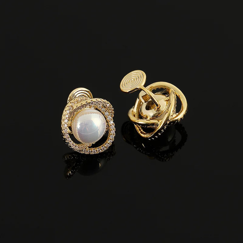 Luxury Mabe Pearl Zircon Swirl Square Stud & Clip On No Piercing Elegant Women's Gift Earrings