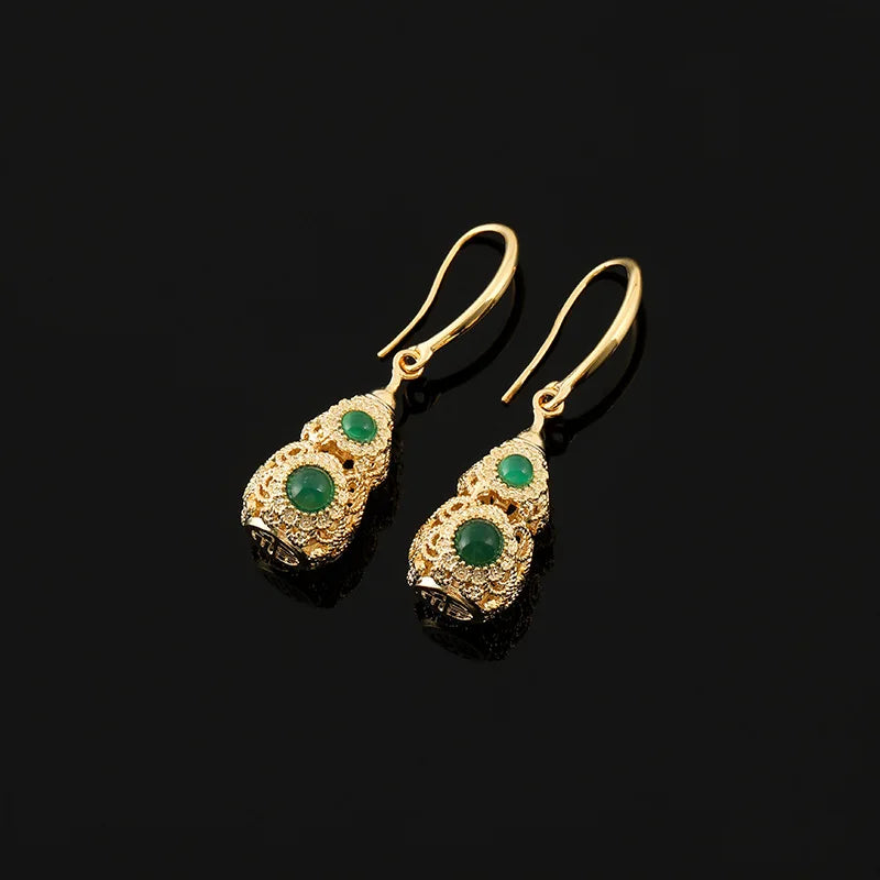 Vintage Luxury Hollow Gourd Filigree Green Crystal Alloy Drop Stud & Clip On No Piercing Earrings