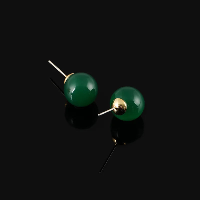 Vintage Green Agate Round Bead Spiral Alloy Stud & Clip On No Piercing Chinese Style Earrings