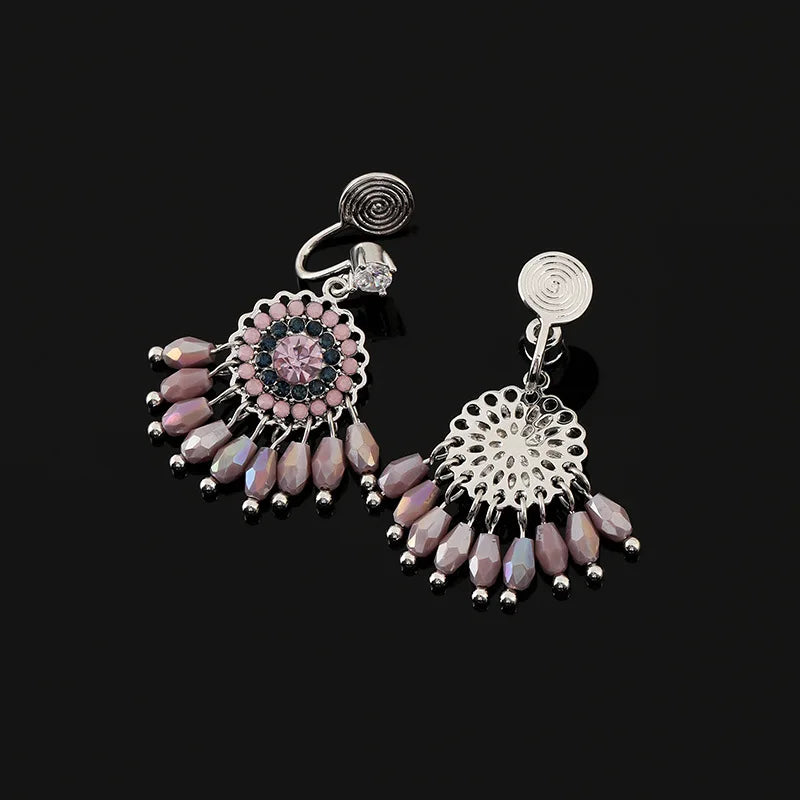 Elegant Vintage Purple Crystal Beaded Dreamcatcher Tassel Alloy Stud & Clip On No Piercing Earrings