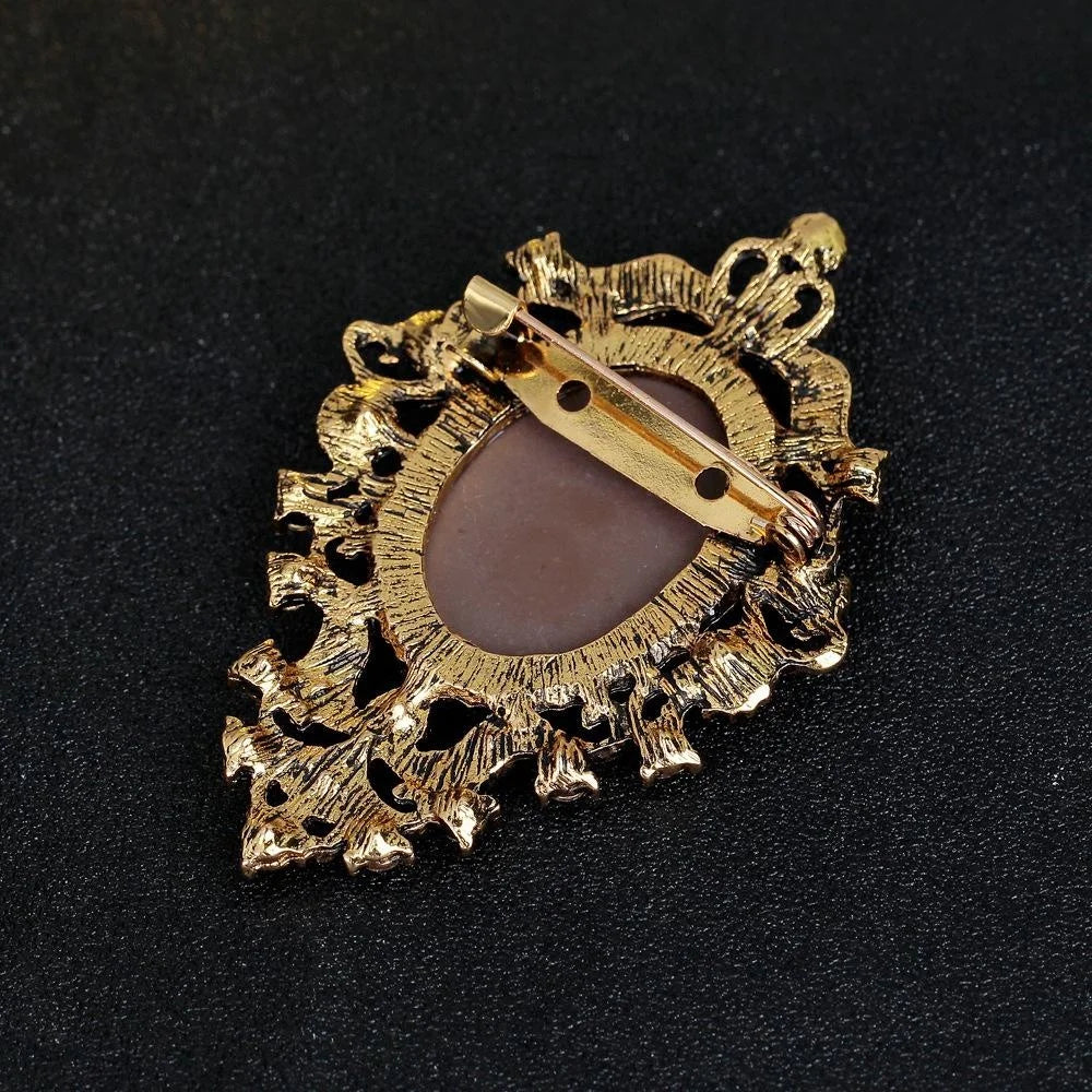 Vintage Lady Portrait Cameo Brooch With Gold Alloy Filigree Rhinestone Crystal Lapel Pin Suit Accessory Gift