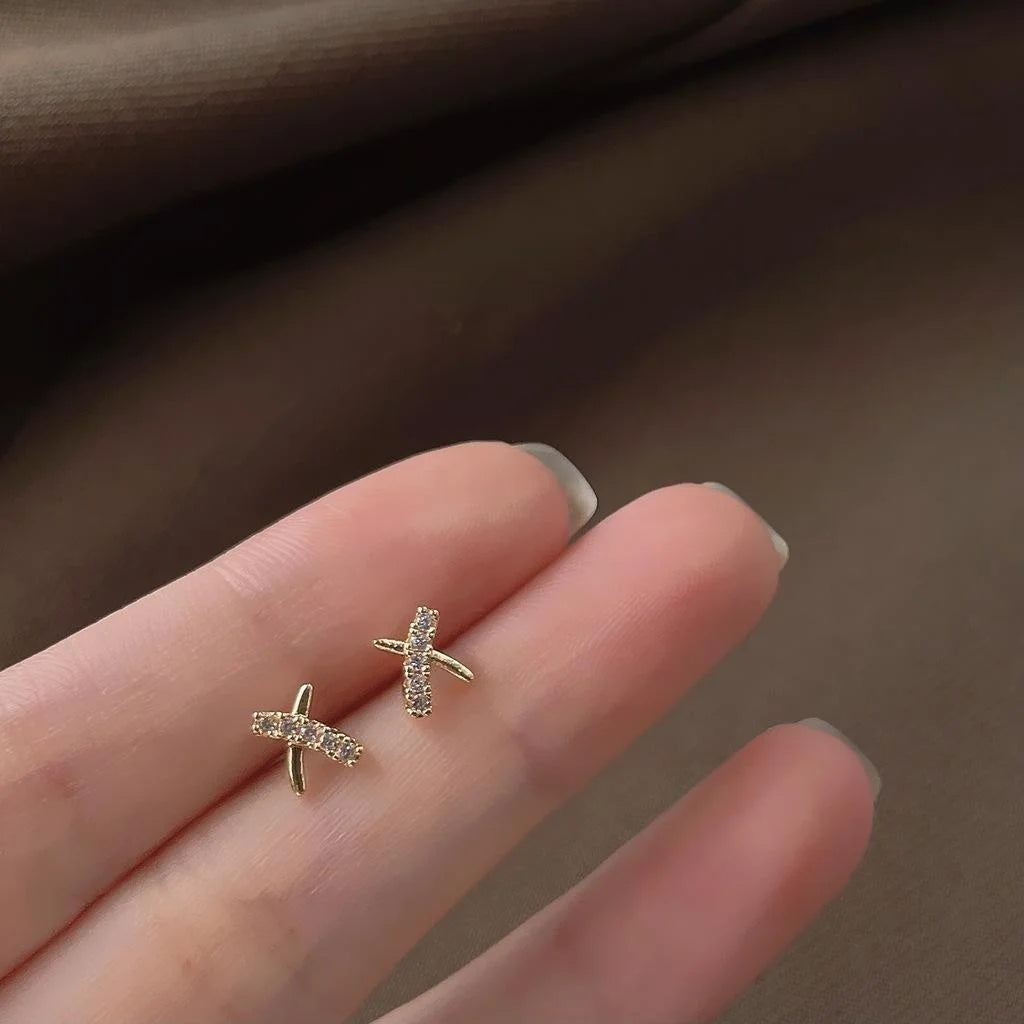 14K Gold Plated Copper Mini Cross Stud Earrings With Micro Pave Zircon Minimalist Geometric Daily Jewelry