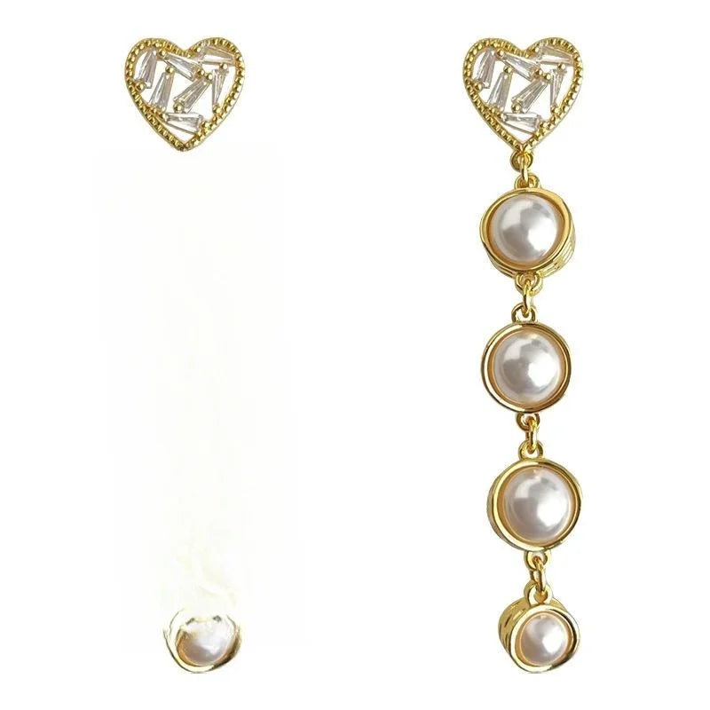 18K Gold Plated Copper Heart Tassel Drop Earrings With Glass Pearl Business Style