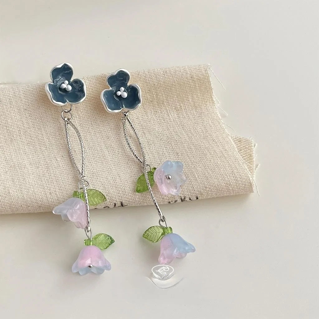 Fresh Forest Style Lily Of The Valley Flower Tassel Stud Earrings Copper Handmade Glass Dangle Jewelry