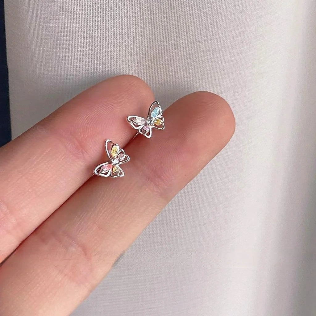 Mini Butterfly Stud Earrings Silver Plated Copper Micro Pave Colorful Zircon Korean Style