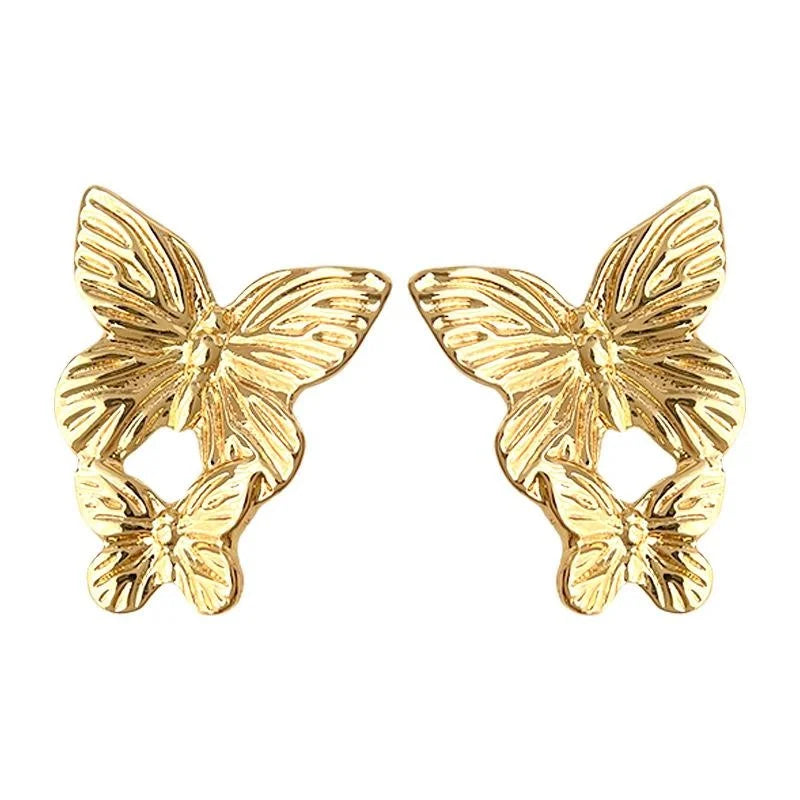 French Vintage 3D Butterfly Stud Earrings Copper Elegant Statement Jewelry