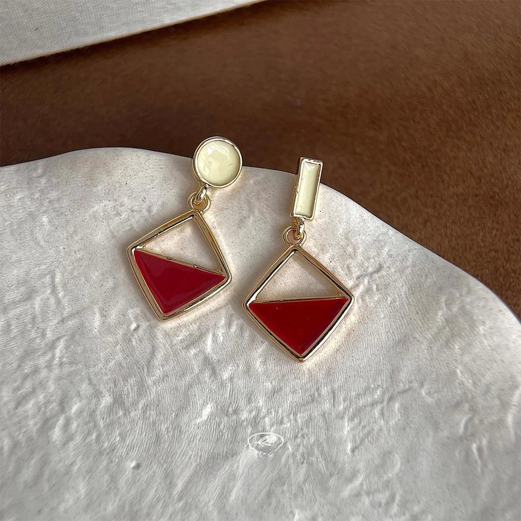 14K Gold Plated Red Contrast Square Geometric Hong Kong Retro Drop Earrings