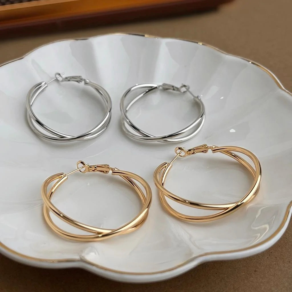 14K Plated Copper Geometric Cross Twist Hoop Earrings, Statement Round Commuter Jewelry