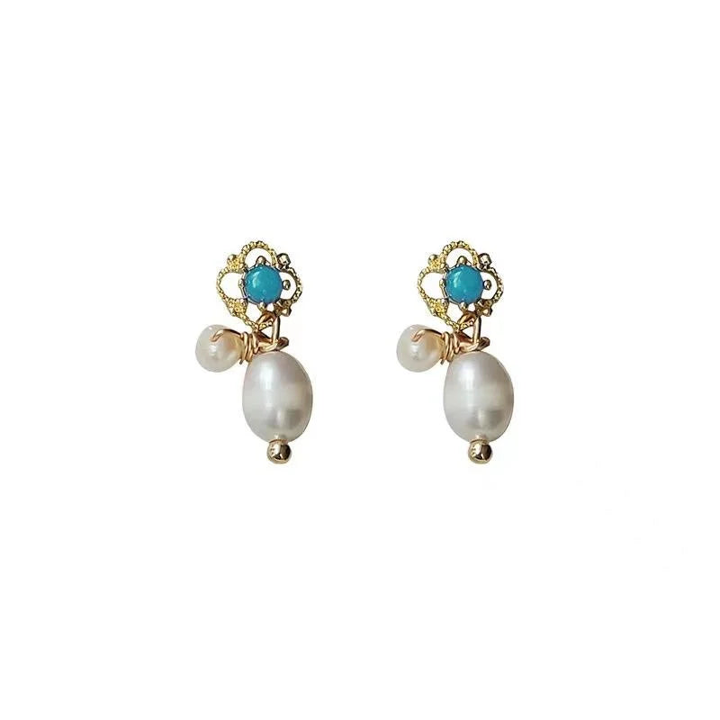 Blue Iridescent Freshwater Pearl Stud Earrings 14K Plated French Vintage Jewelry