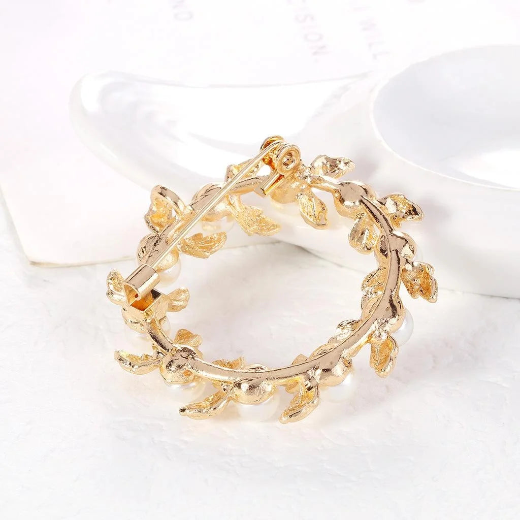Elegant Gold Alloy Floral Wreath Brooch With Pearl Accents, Women's Lapel Pin Corsage Suit Accessory