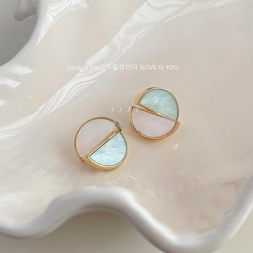 14K Gold Plated Copper Asymmetric Two Tone Round Geometric Stud Earrings Sweet Designer Jewelry