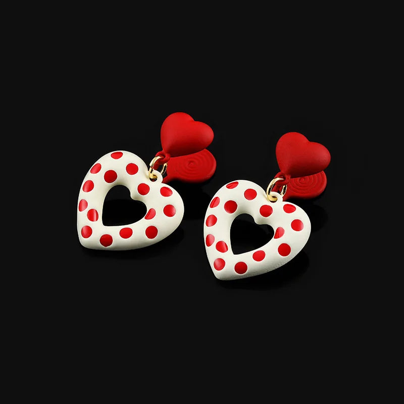 Vintage Red Polka Dot Heart Enamel Alloy Stud & Clip On No Piercing Sweet Dangle Earrings