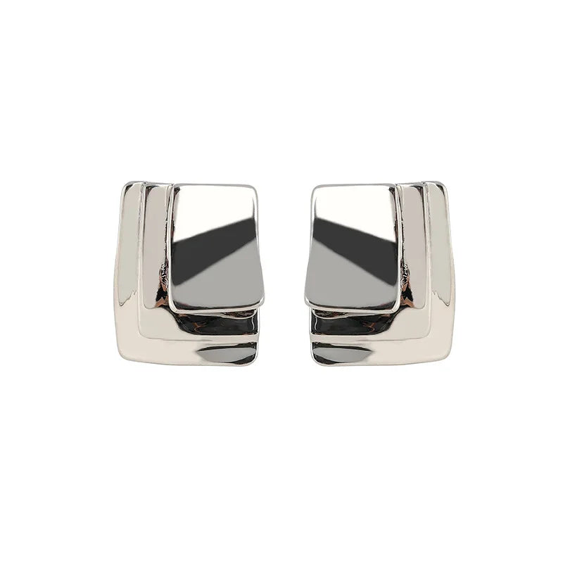 Elegant Geometric Layered Square Silver Alloy Metal Stud & Clip On No Piercing Women's Fashion Earrings
