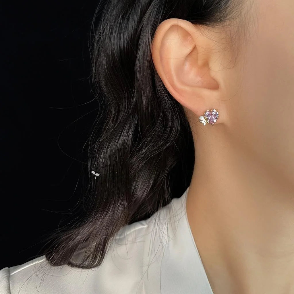 Micro Pave Zircon Heart Stud Earrings With Pink Butterfly Sweet Cute Spring Summer Jewelry