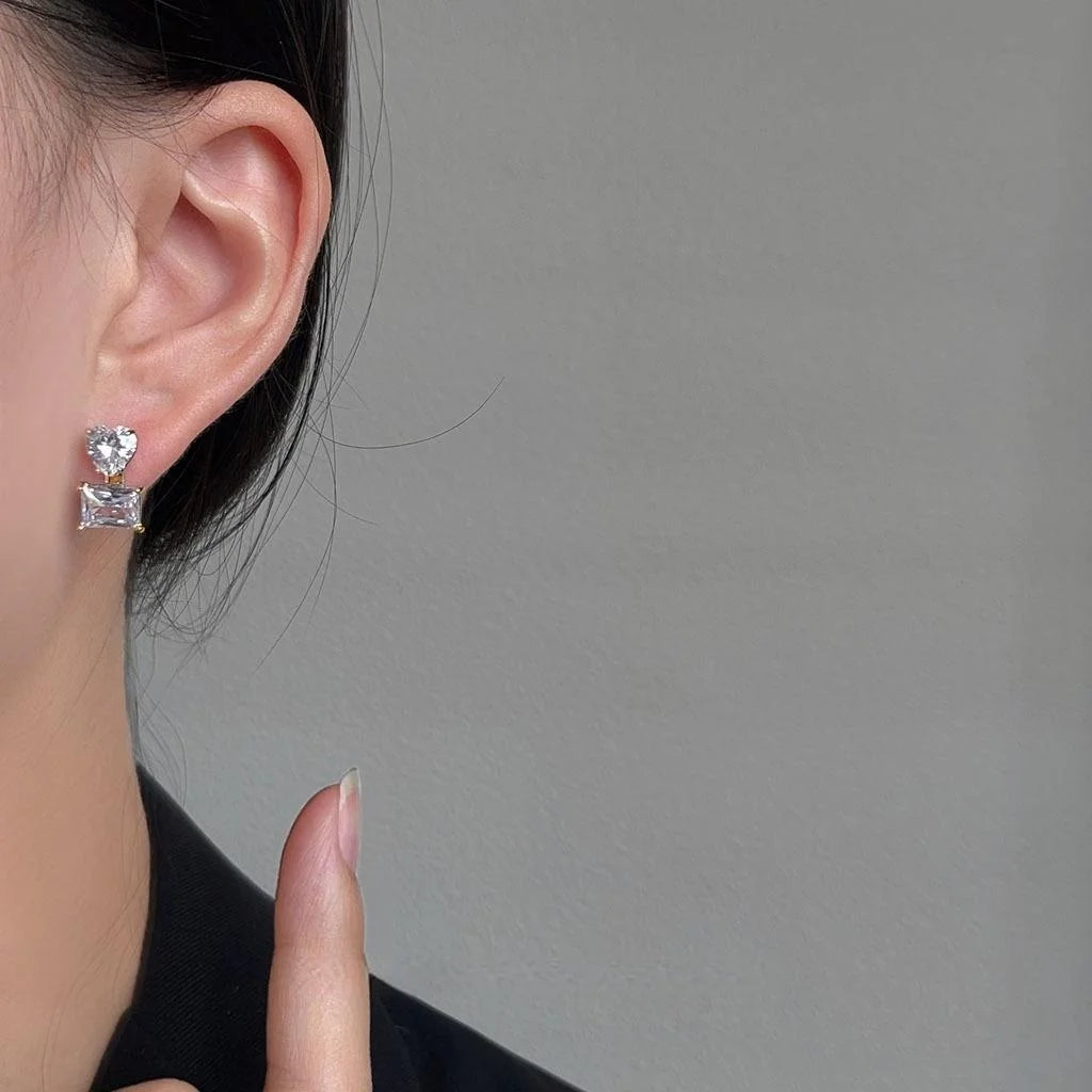 18K Gold Plated Copper Zircon Square Heart Geometric Stud Earrings Minimalist Luxury Jewelry