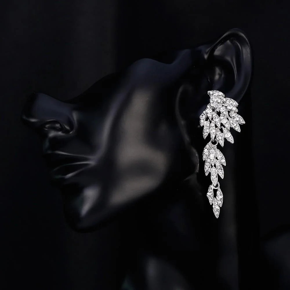 Luxury Rhinestone Crystal Leaf Tassel Drop Earrings, Silver Alloy Bridal Statement Jewelry For Wedding Party