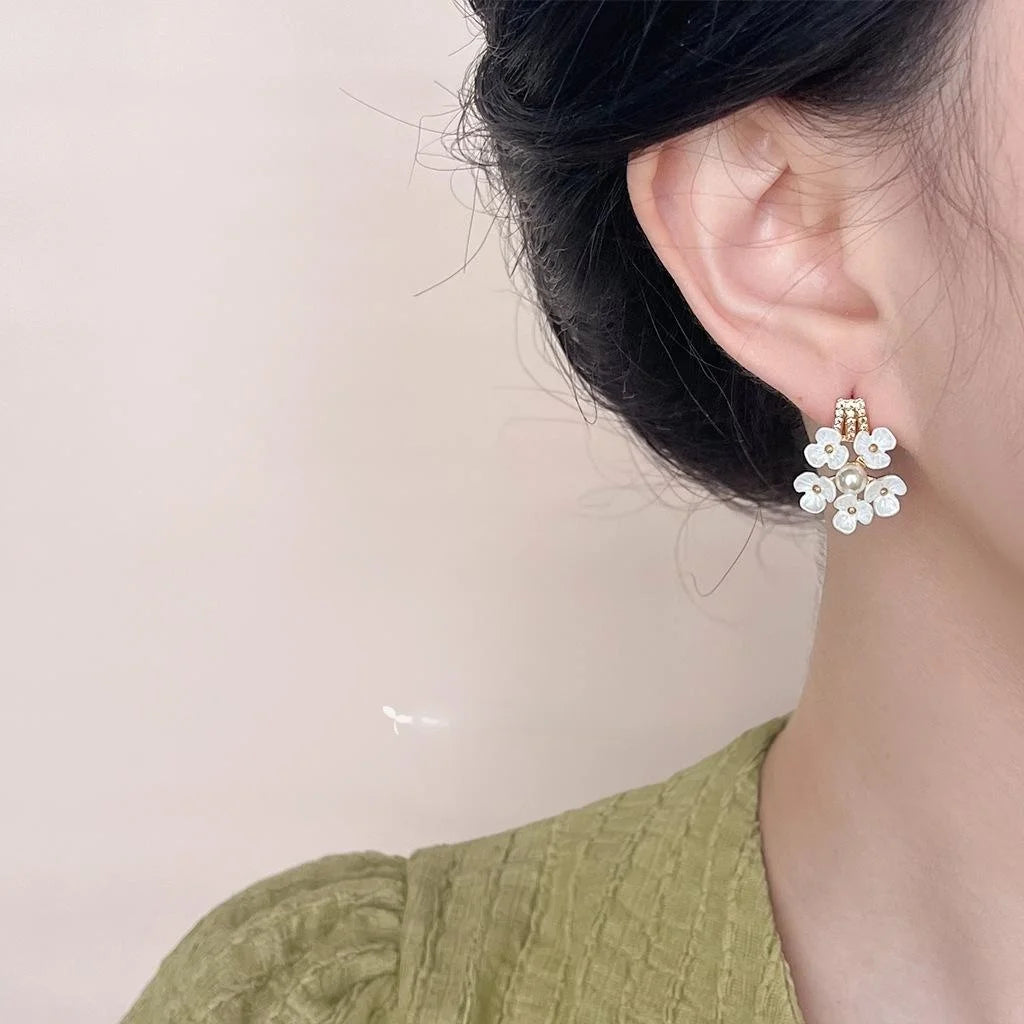 14K Gold Plated Copper Pearl Zircon Peach Blossom Stud Earrings Sweet Elegant Floral Jewelry