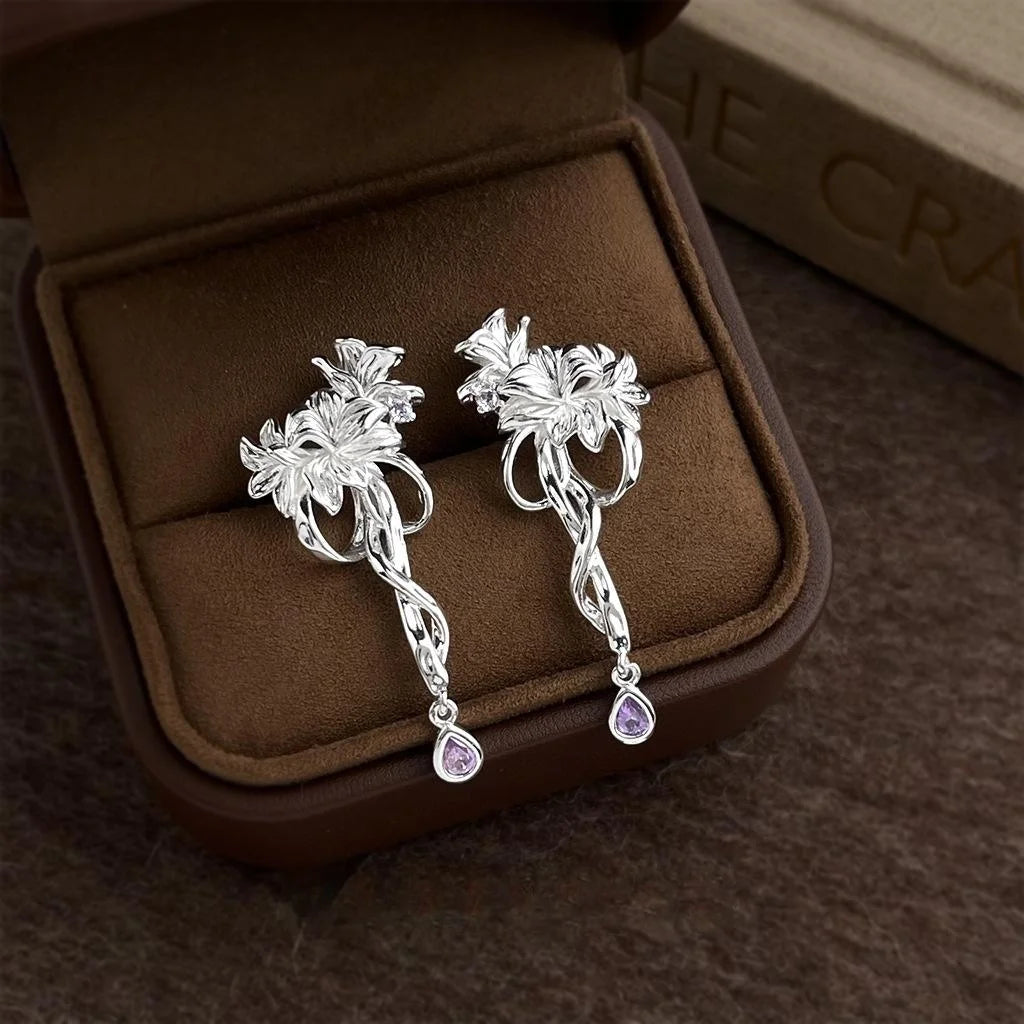 Original Designer Fairy Style Iris Vine Flower Copper Zircon Drop Earrings