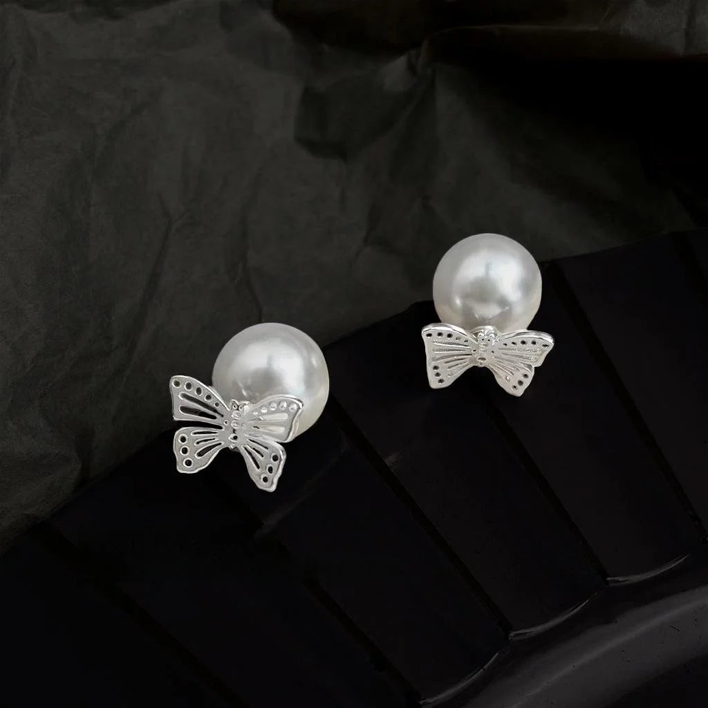 Two-Way Butterfly Stud Earrings Copper Hollow Lightweight Pearl Elegant Commuter Jewelry