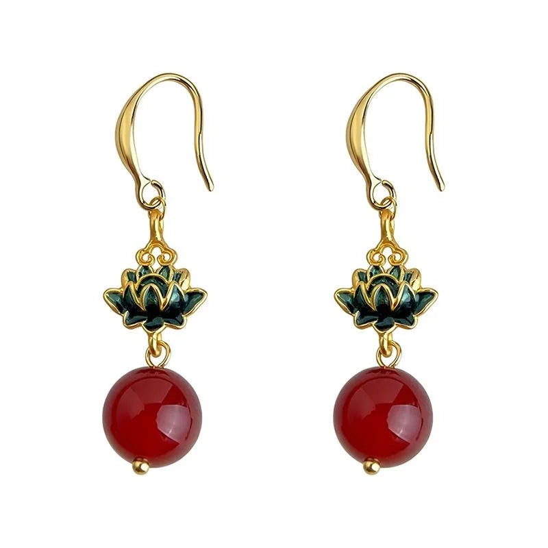 New Chinese Retro Enamel Painted Lotus Red Agate Geometric Drop Earrings