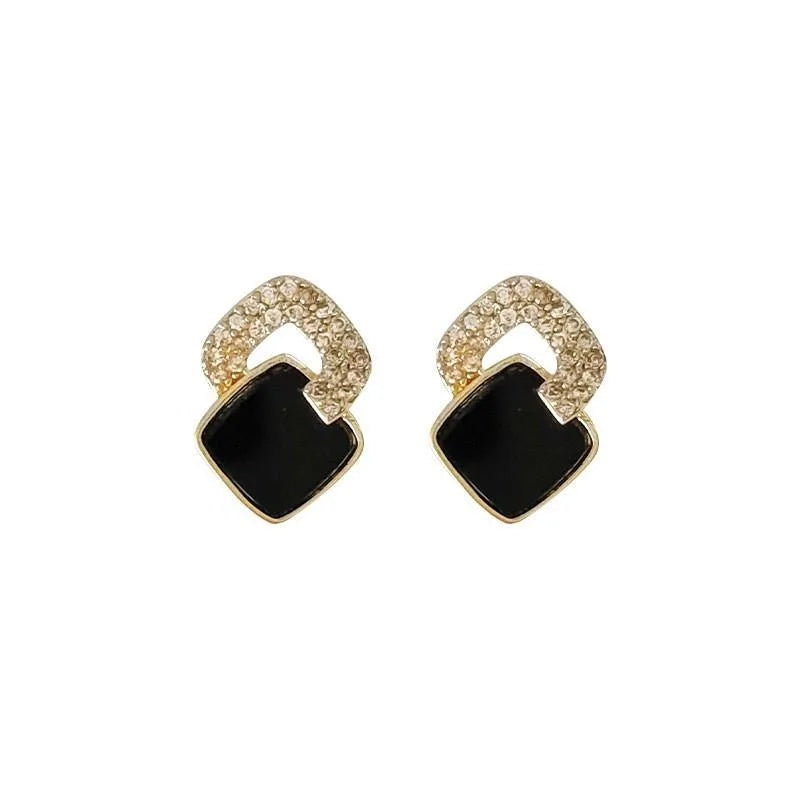 Light Luxury Black Geometric Zircon Stud Earrings Copper Rhombus Minimalist
