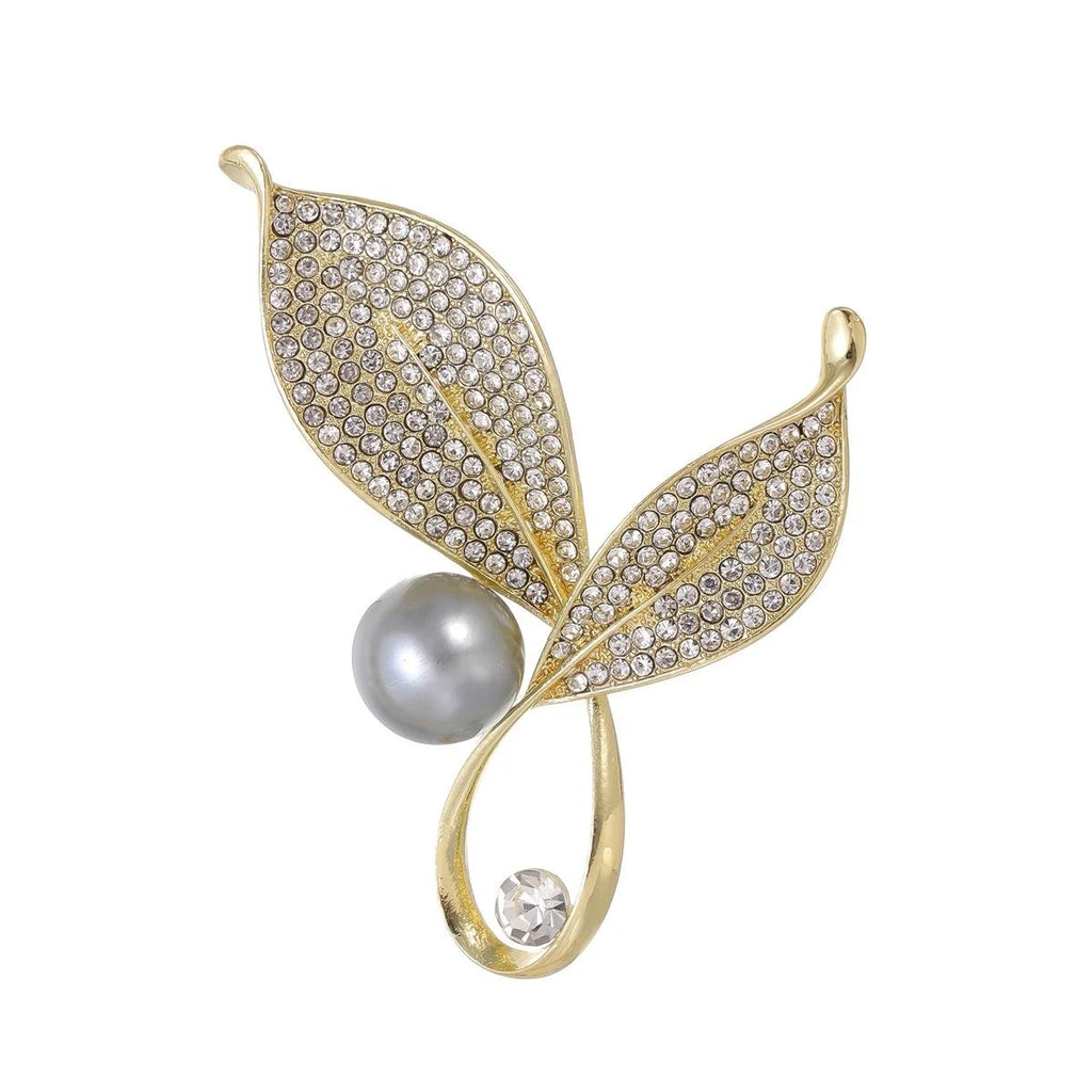 Elegant Double Leaf Pearl Rhinestone Brooch For Women, Gold Alloy Lapel Pin Corsage Suit Accessory Gift