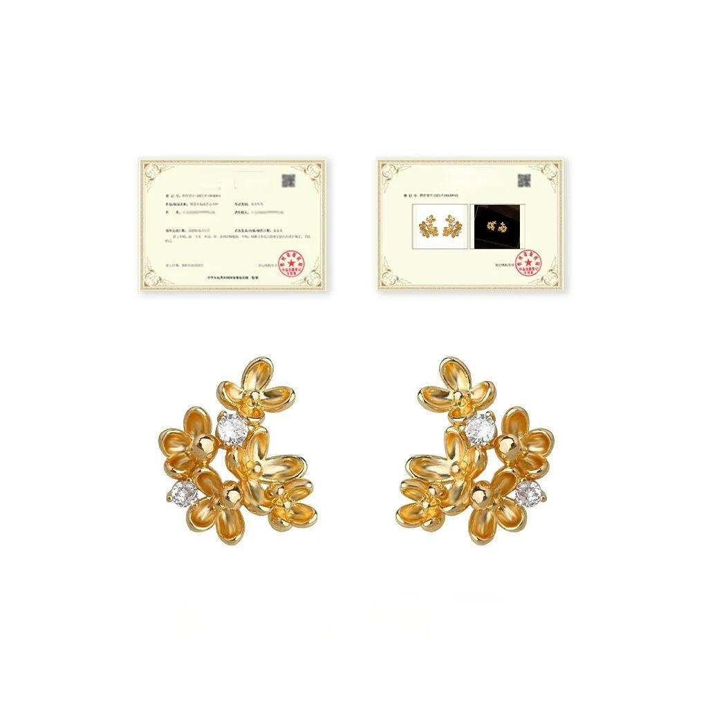 Designer Osmanthus Flower Stud Earrings Copper Zircon Petal Silver Plated Pin Luxury Jewelry
