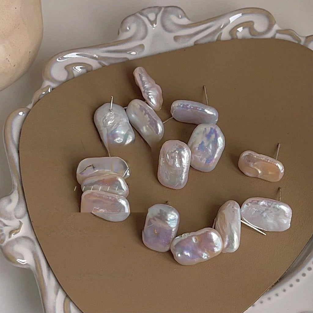 Baroque Irregular Freshwater Pearl Stud Earrings Silver Plated Pin Geometric Rectangle Jewelry