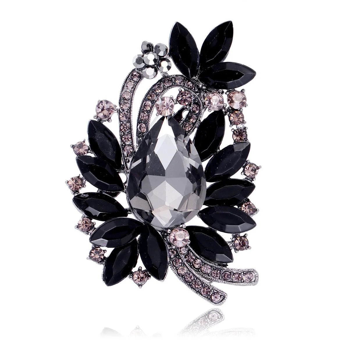 Elegant Black Leaf Flower Crystal Rhinestone Brooch With Teardrop Glass Stone For Lapel Pin Gift