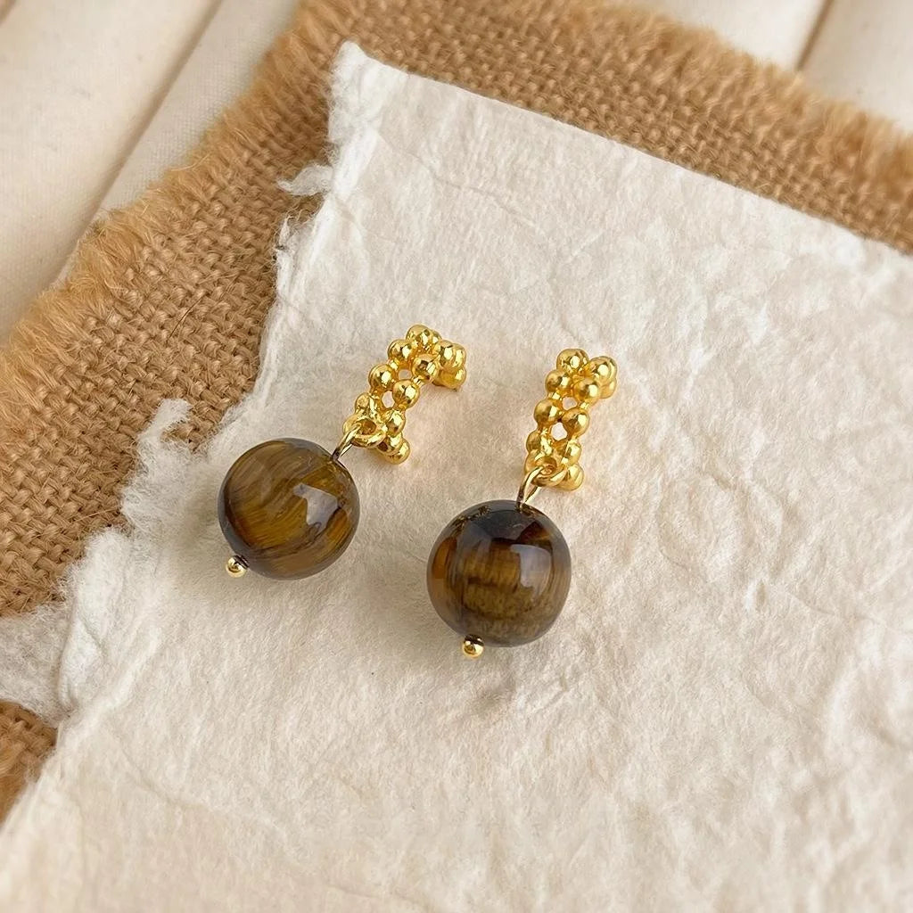 Retro Maillard Tiger Eye Natural Stone Geometric Round Drop Earrings For Women