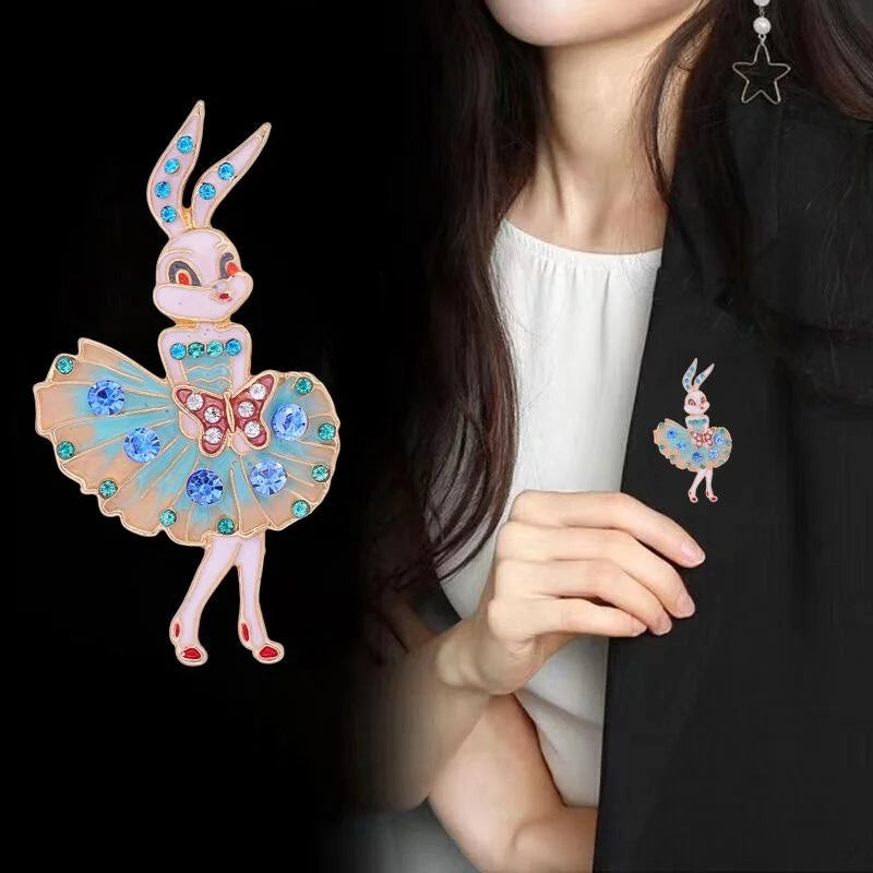 Cute Dancing Rabbit Enamel Alloy Brooch With Blue Rhinestones, Elegant Animal Lapel Pin Corsage Gift