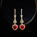 French Vintage Copper Zircon Burgundy Heart Tassel Drop Earrings For Women
