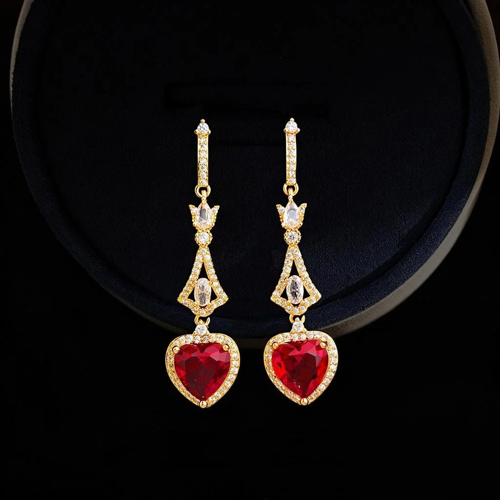 French Vintage Copper Zircon Burgundy Heart Tassel Drop Earrings For Women