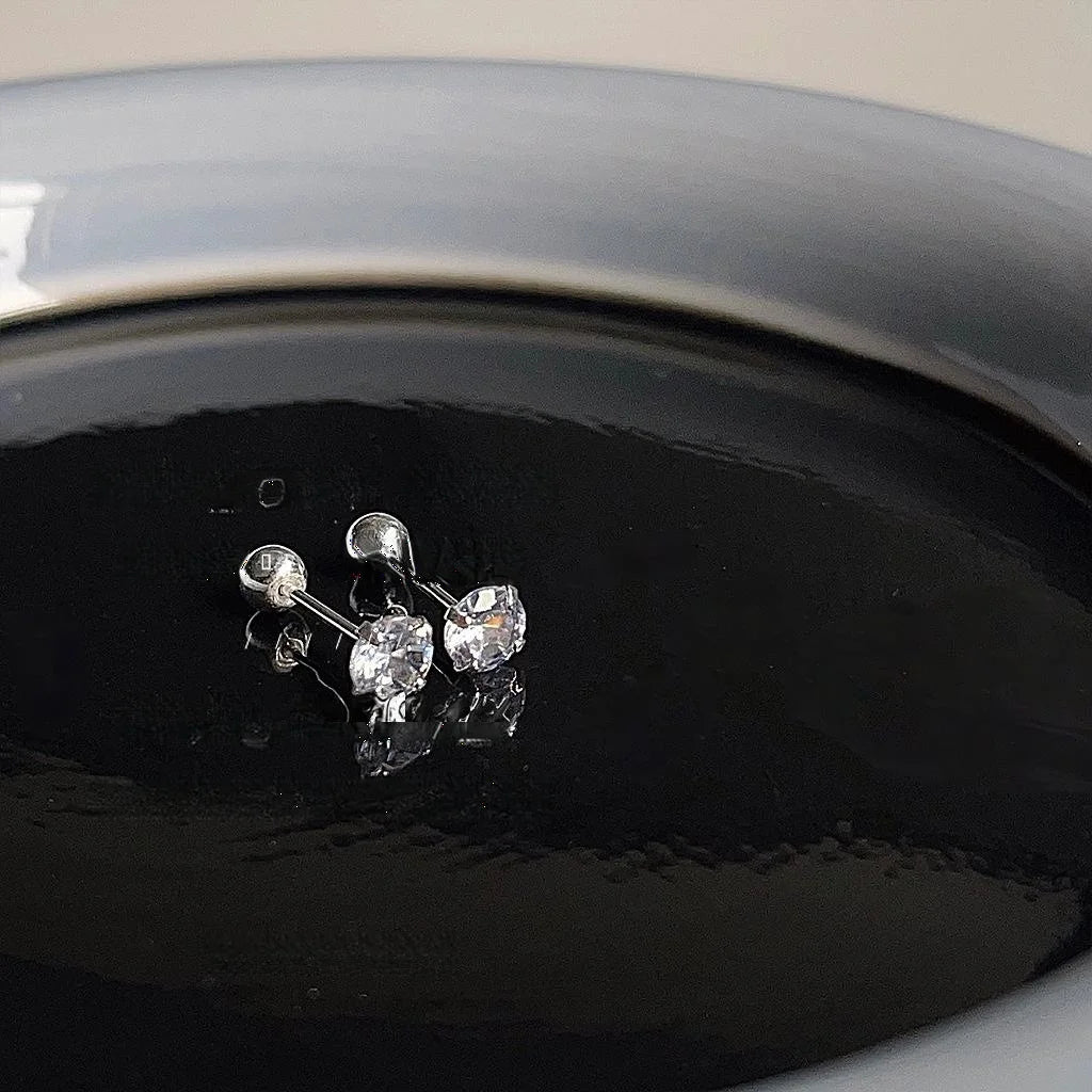 Trendy Copper Zircon Screw Back Stud Earrings For Women, Round Geometric Cartilage Jewelry