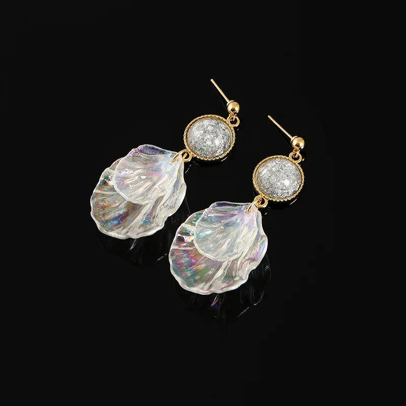 Elegant Iridescent Acrylic Shell Petal Rhinestone Stud & Clip On No Piercing Drop Earrings