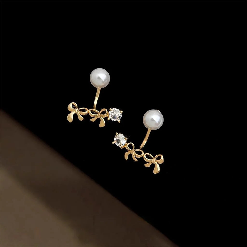 Korean Style Two Way 14K Plated Copper Bow Pearl Zircon Glass Stud Earrings