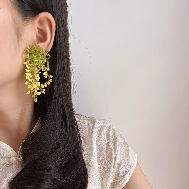 Green And Yellow Crystal Beaded Flower Tassel Stud & Clip On No Piercing Statement Drop Earrings