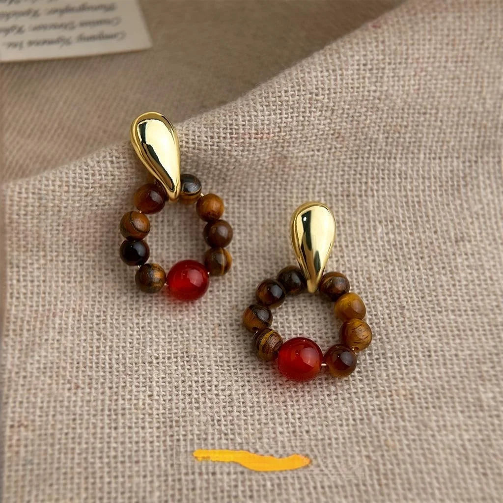 Ethnic Vintage Natural Tiger Eye Red Agate Geometric Round Copper Drop Earrings