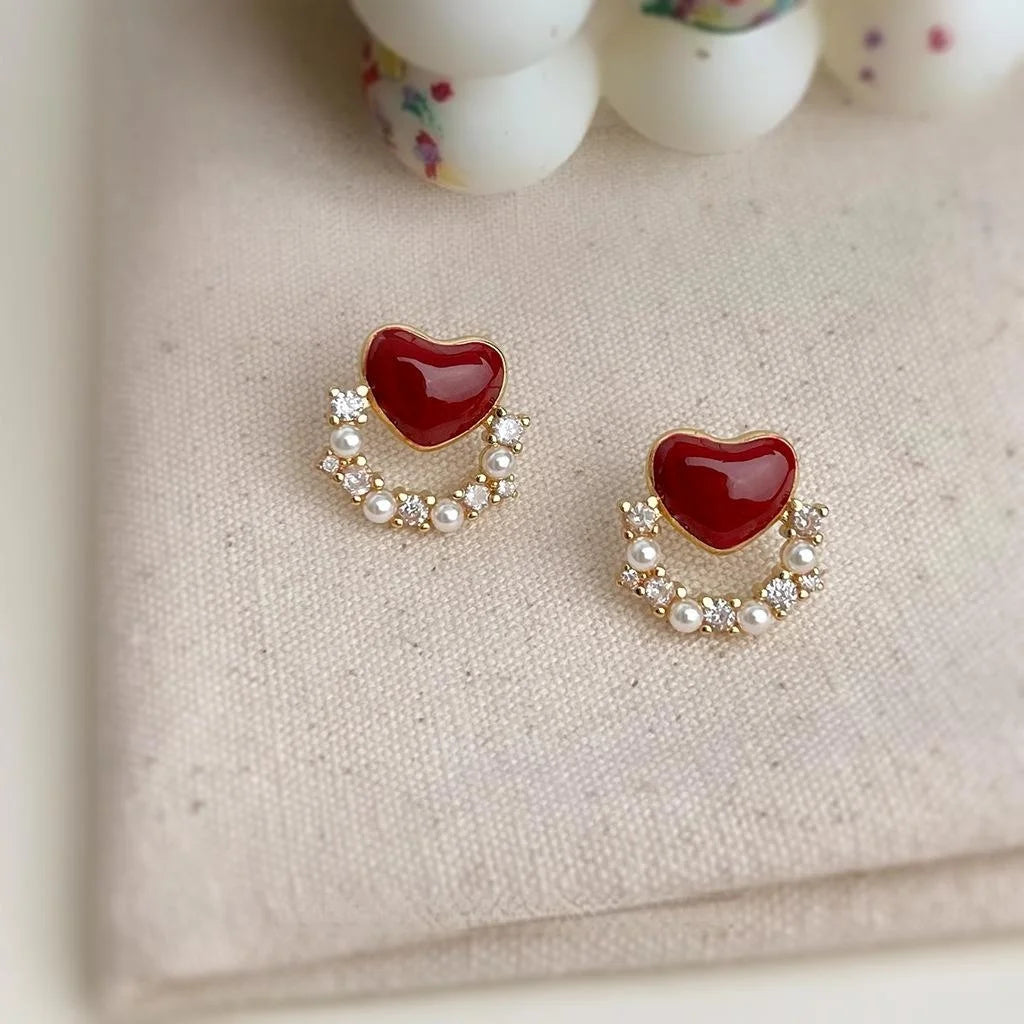 Burgundy Heart Stud Earrings Micro Pave Zircon Enamel Gold Plated Copper Vintage Style