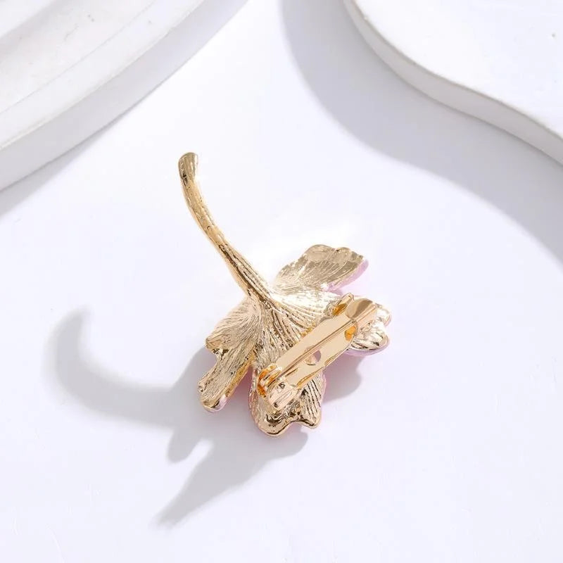 Elegant Pink Enamel Flower Brooch With Gold Alloy Stem, Floral Lapel Pin Corsage For Women Suit Gift