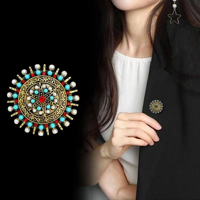 Vintage Bohemian Round Disk Brooch, Gold-Tone Alloy With Faux Pearls Turquoise Beads And Red Rhinestone Lapel Pin Gift