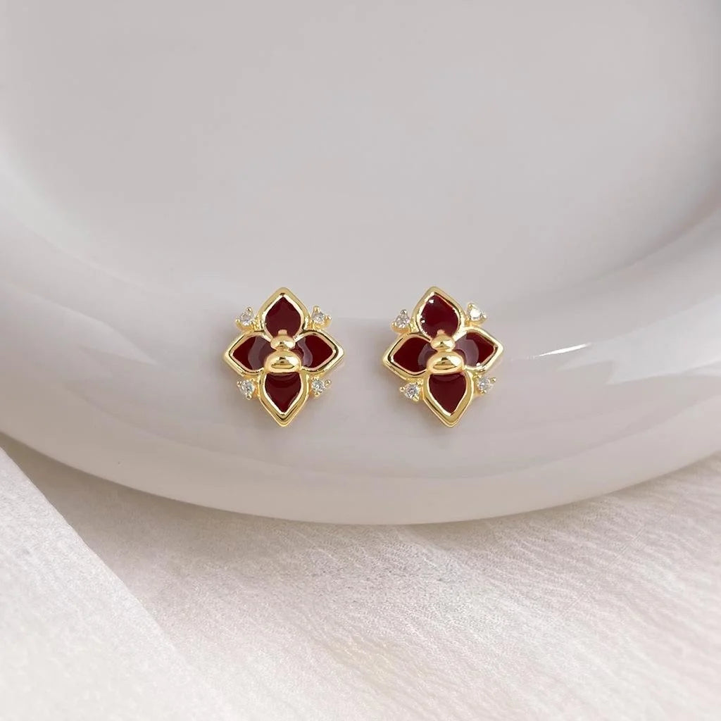 Hepburn Style Burgundy Enamel Gourd Flower Zircon Copper Stud Earrings