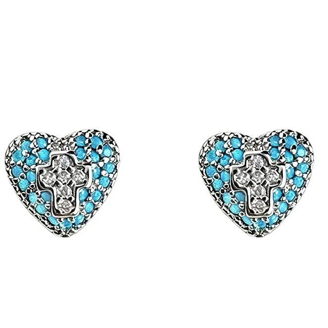 Elegant Blue Zircon Cross Heart Stud Earrings Eco-Friendly Copper Minimalist Jewelry