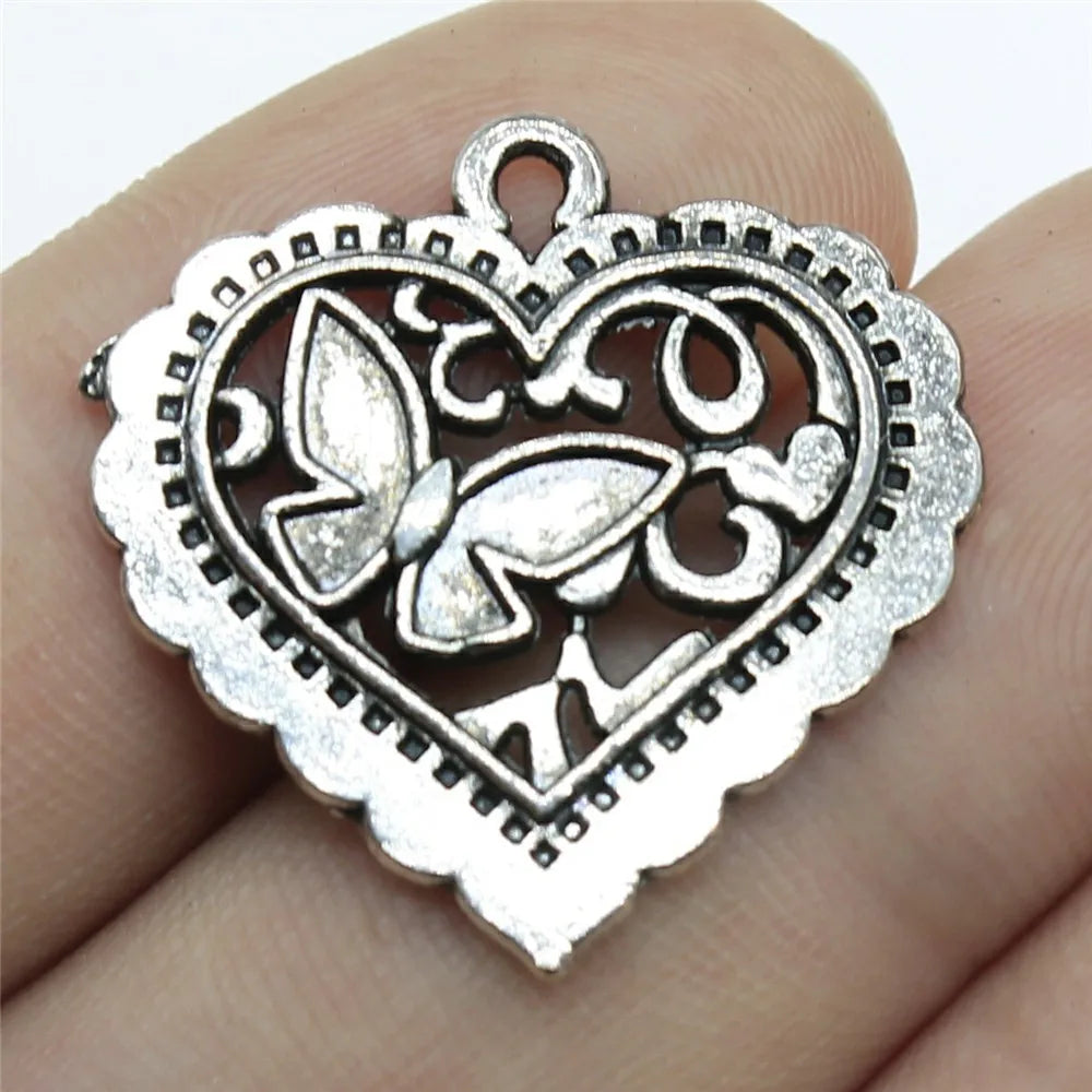 25x24mm 2.1g Zinc Alloy Heart Butterfly Heart Double Sided Charm Pendant for DIY Jewelry Making